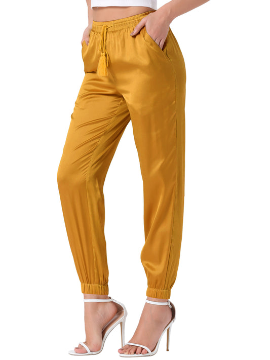 Women's Drawstring Elastic Waist Athleisure Pants Casual Ankle Length Satin Joggers with Pocket