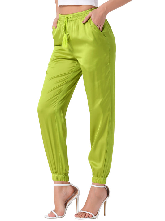 Women's Drawstring Elastic Waist Athleisure Pants Casual Ankle Length Satin Joggers with Pocket