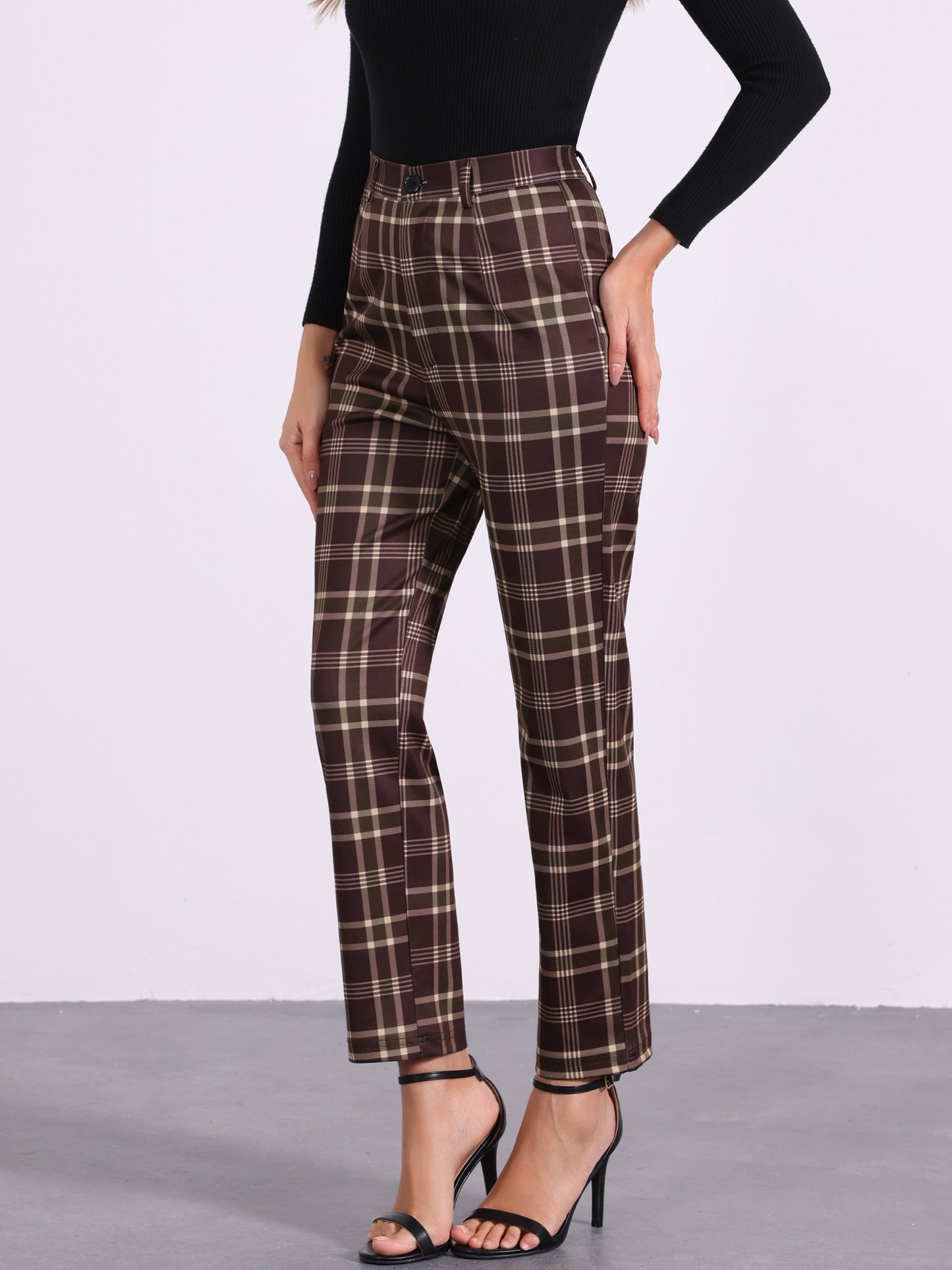 Women's Plaid Cropped Trousers Button Casual Tartan Check Work Pants
