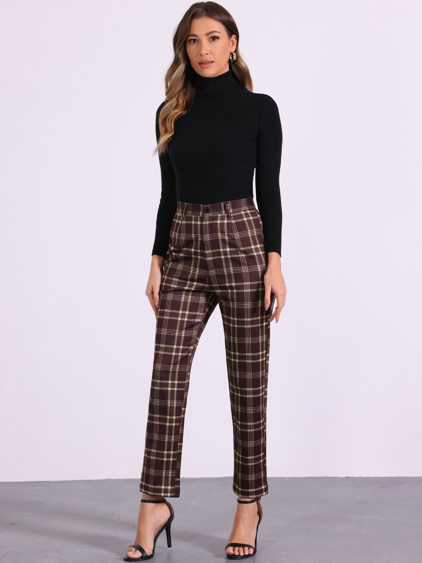 Women's Plaid Cropped Trousers Button Casual Tartan Check Work Pants