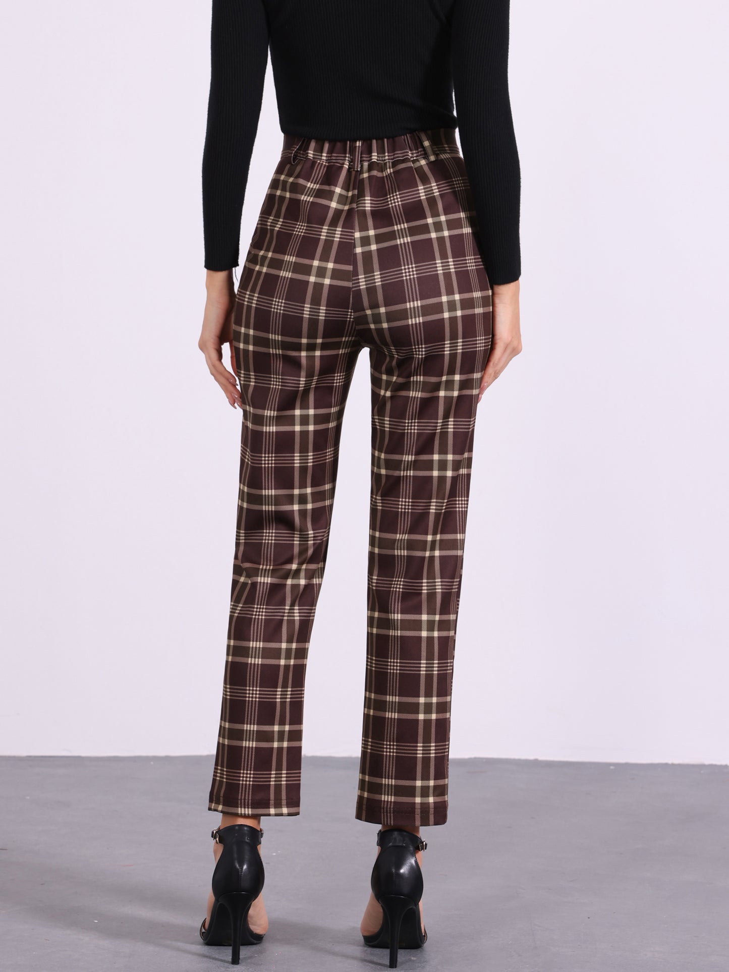 Women's Plaid Cropped Trousers Button Casual Tartan Check Work Pants
