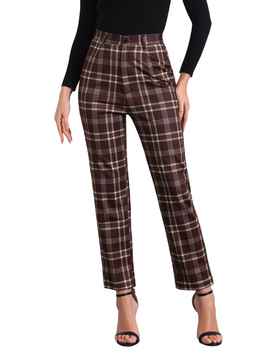 Women's Plaid Cropped Trousers Button Casual Tartan Check Work Pants