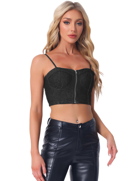 Women's Denim Bustier Crop Top Zip Up Adjustable Straps Jean Corset Top