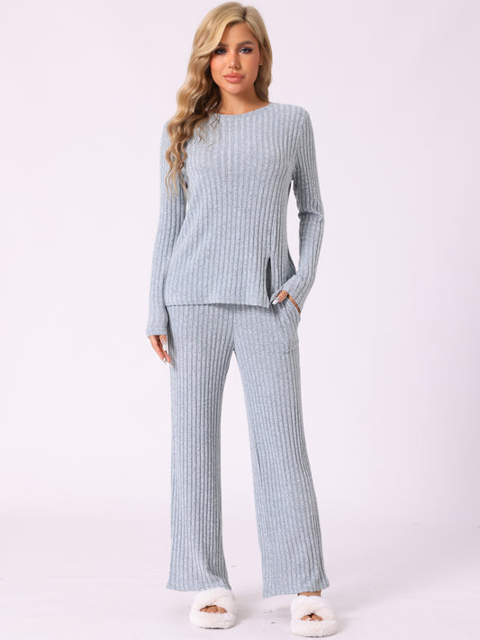 Ensemble de pyjama pour femme, col ras du cou, manches longues, vêtements de nuit doux avec poche