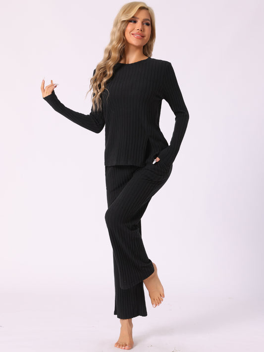 Ensemble de pyjama pour femme, col ras du cou, manches longues, vêtements de nuit doux avec poche