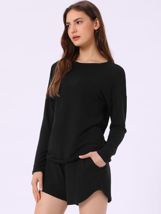 Women's Pajamas Long Sleeve Top and Shorts Elastic Waistband Matching Lounge Set Loungewear Sweatsuit with Pockets