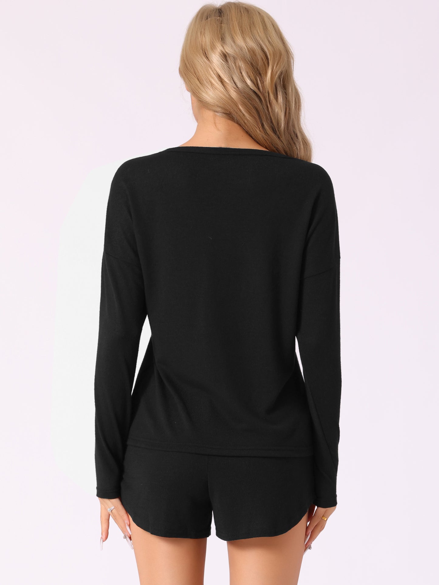Women's Pajamas Long Sleeve Top and Shorts Elastic Waistband Matching Lounge Set Loungewear Sweatsuit with Pockets