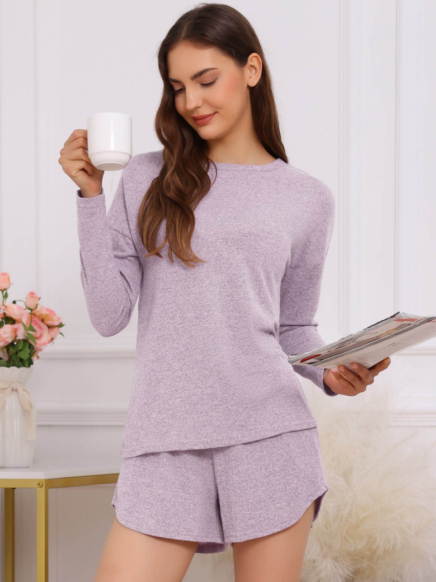 Women's Pajamas Long Sleeve Top and Shorts Elastic Waistband Matching Lounge Set Loungewear Sweatsuit with Pockets