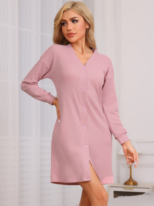 Chemise de nuit en tricot gaufré pour femme, chemise de nuit à manches longues, chemise de nuit boutonnée avec poches