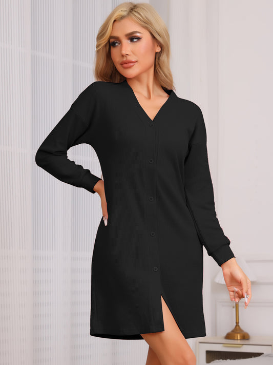 Chemise de nuit en tricot gaufré pour femme, chemise de nuit à manches longues, chemise de nuit boutonnée avec poches