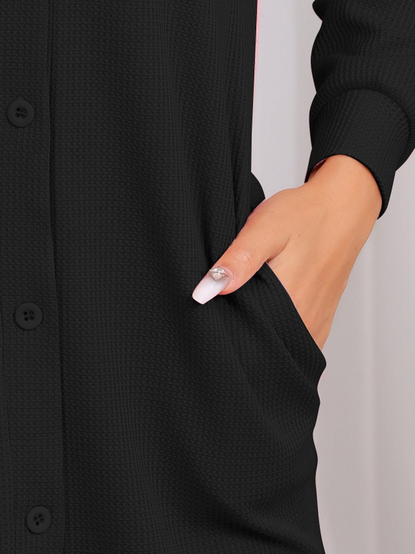 Chemise de nuit en tricot gaufré pour femme, chemise de nuit à manches longues, chemise de nuit boutonnée avec poches