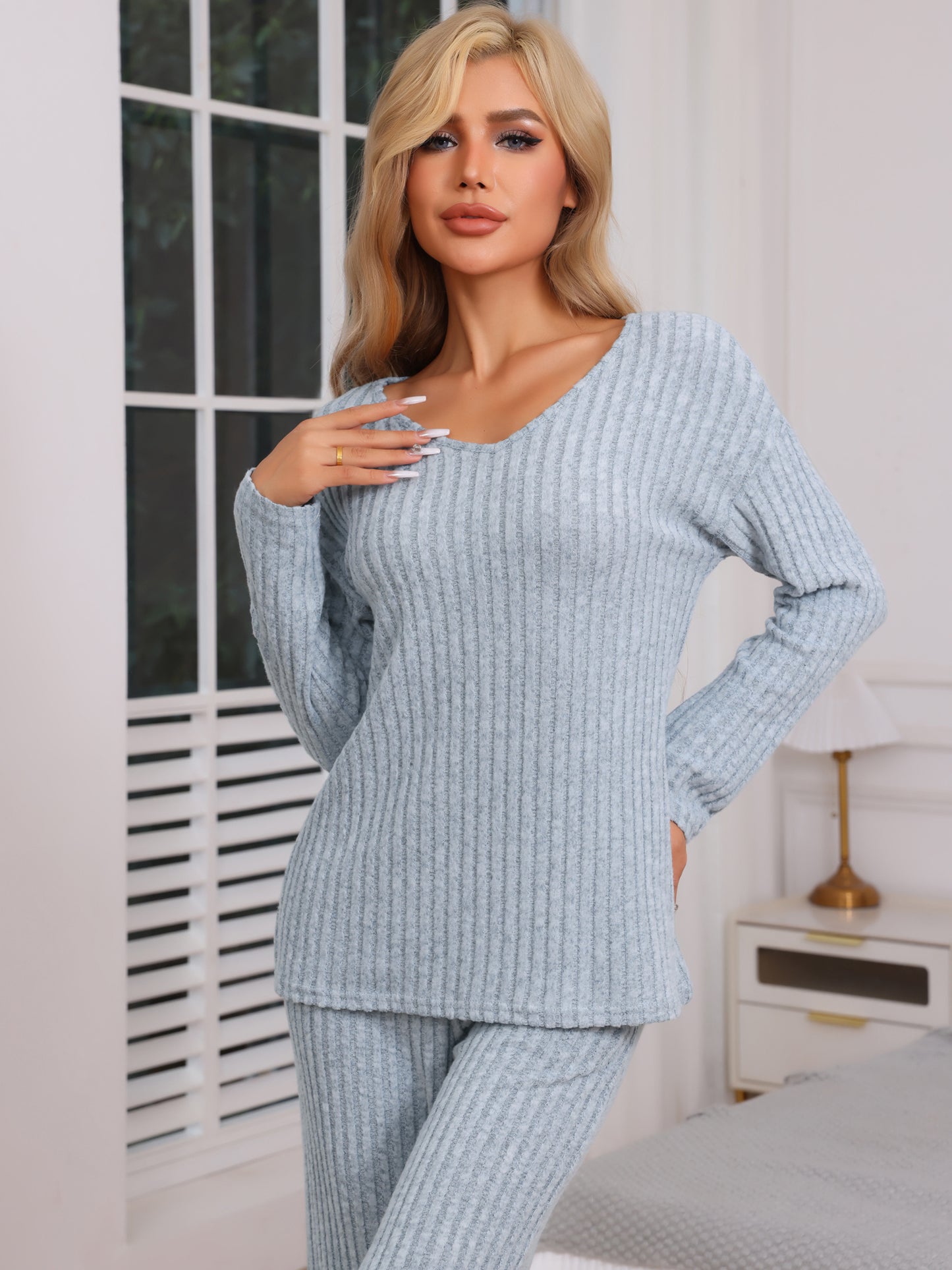 Ensemble de détente en tricot côtelé pour femme, survêtement à col en V, manches longues et pantalon large, deux pièces