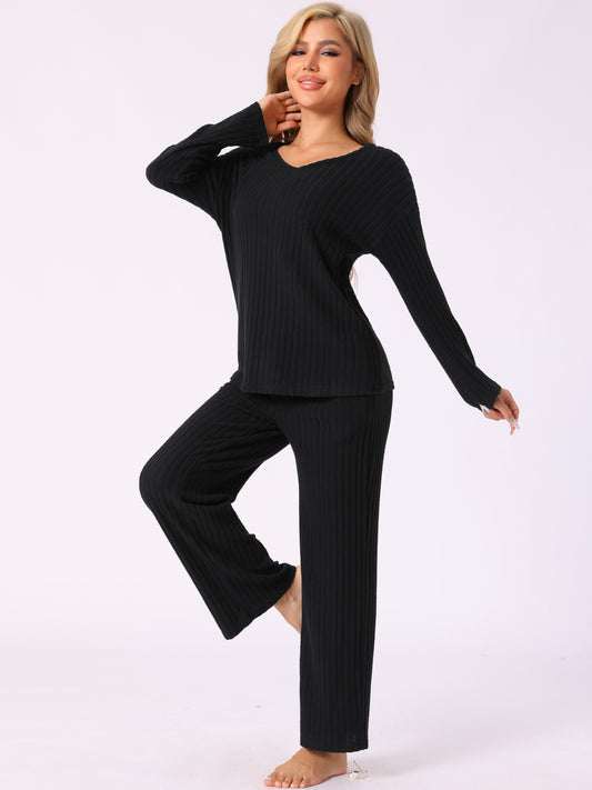 Ensemble de détente en tricot côtelé pour femme, survêtement à col en V, manches longues et pantalon large, deux pièces