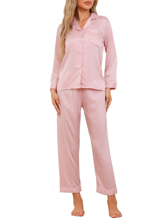 Conjunto de pijama de manga larga con cuello entallado y botones para mujer