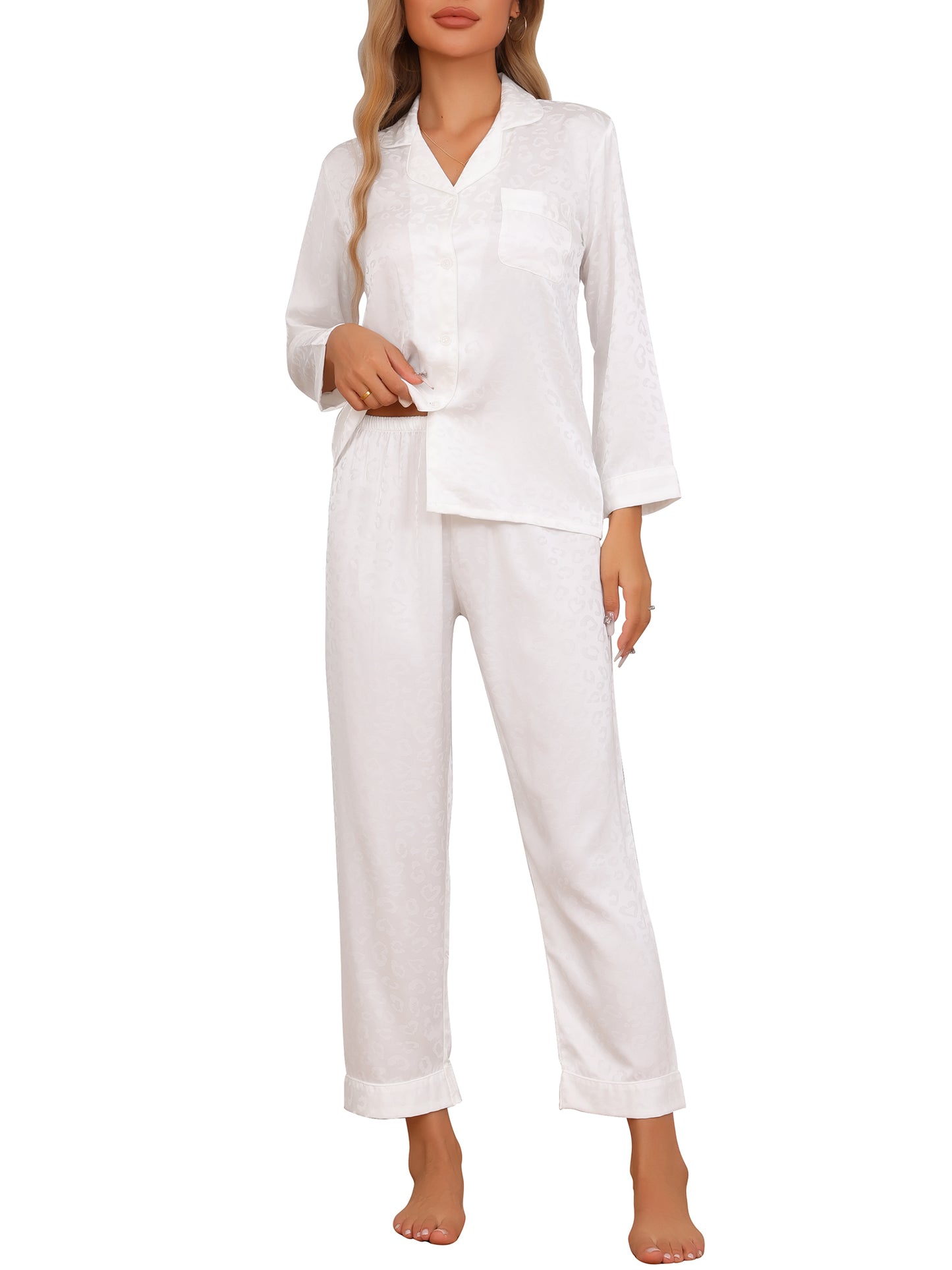 Pyjama pour femme, ensemble pyjama boutonné, col cranté, manches longues