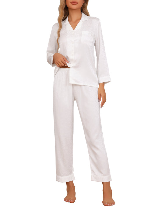 Conjunto de pijama de manga larga con cuello entallado y botones para mujer