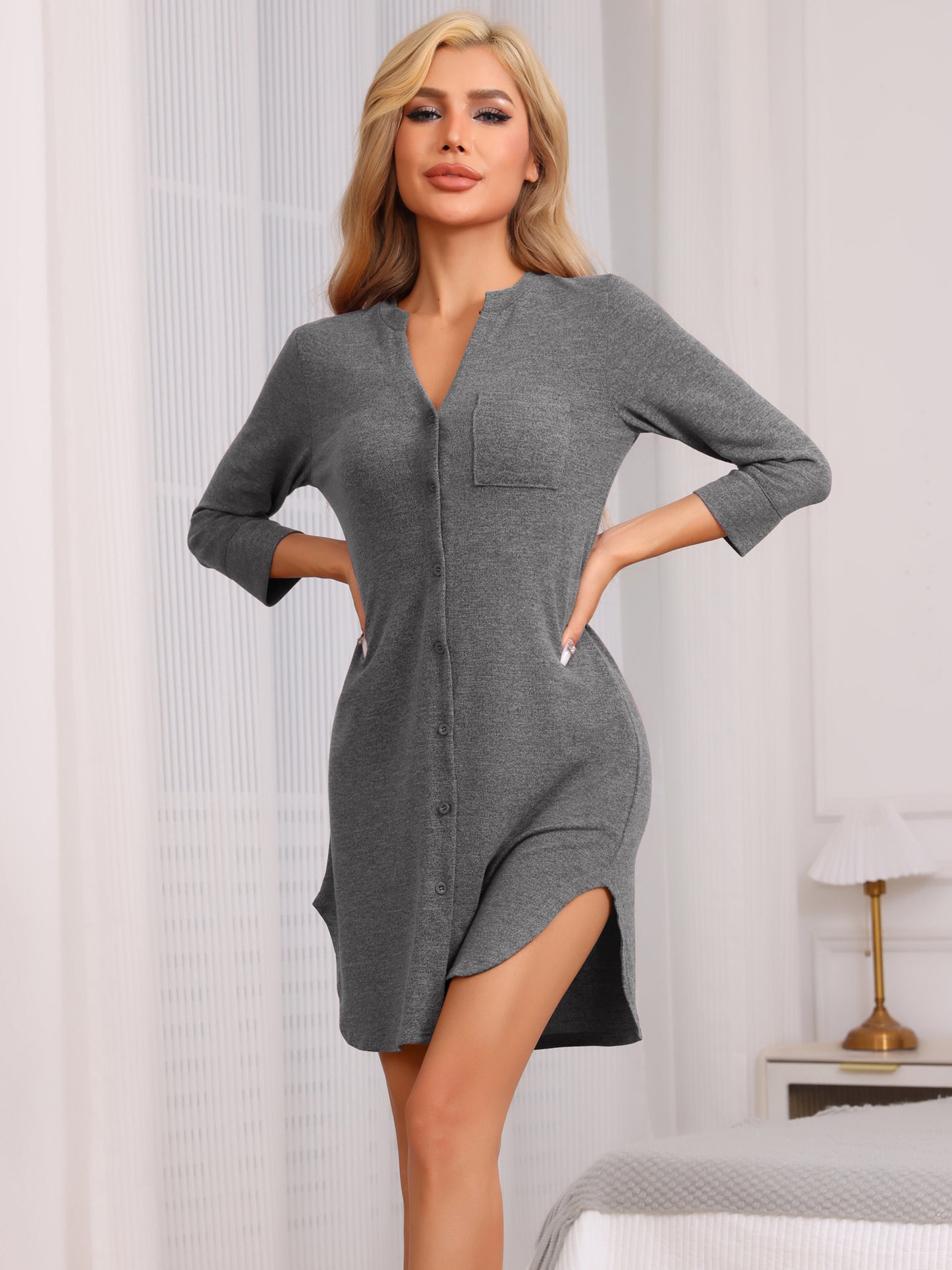 Women's Button Up Nightshirt Strechy Knit Half Sleeve Nightgown Sleep Shirts Nightdress