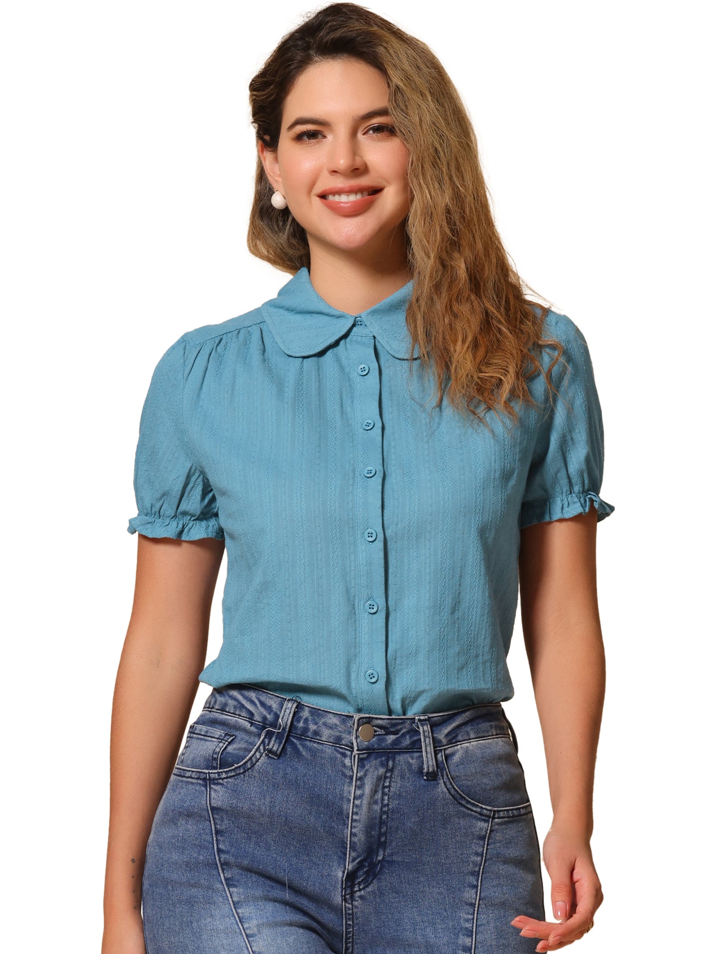 Women's Peter Pan Collar Shirt 1950s Vintage Cotton Button Down Blouse