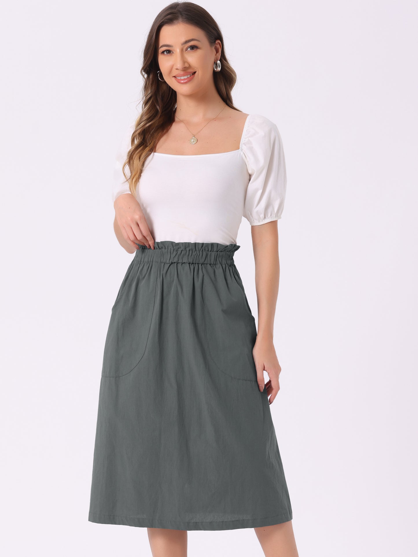 Falda informal de algodón para mujer, estilo campesino, con cintura elástica y bolsillos.