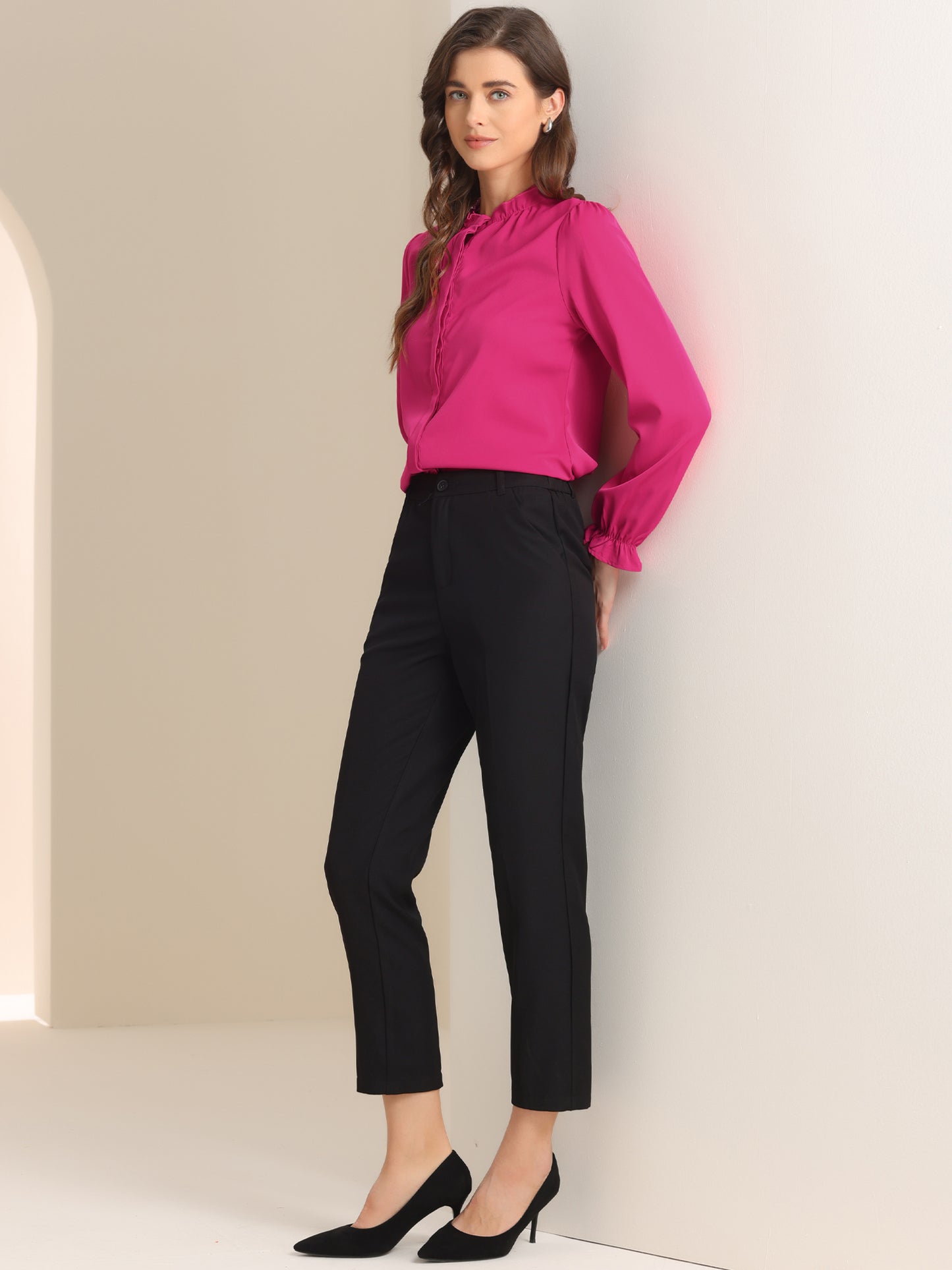 Blusa elegante de gasa con botones y manga larga con cuello con volantes para mujer