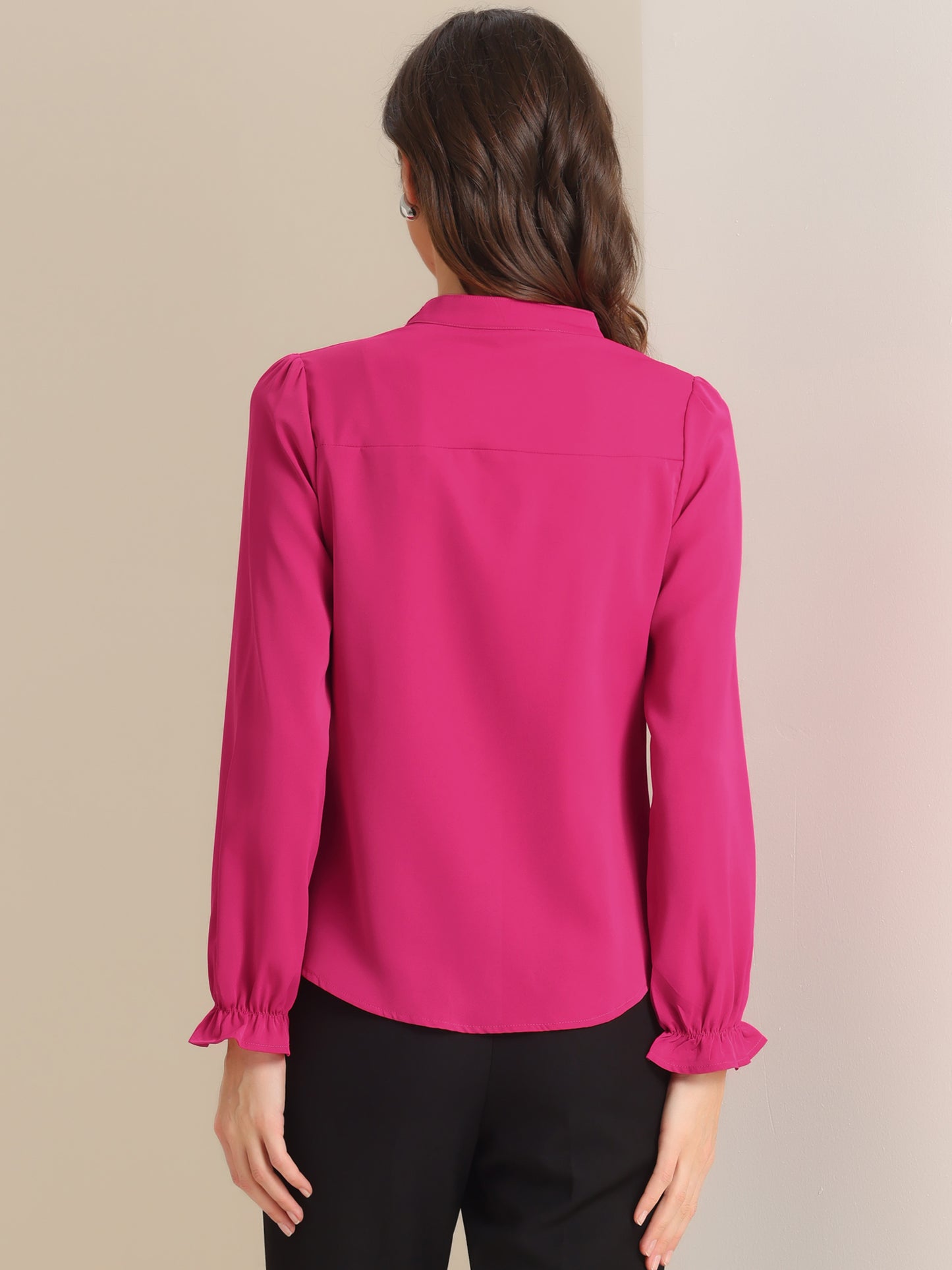 Blusa elegante de gasa con botones y manga larga con cuello con volantes para mujer