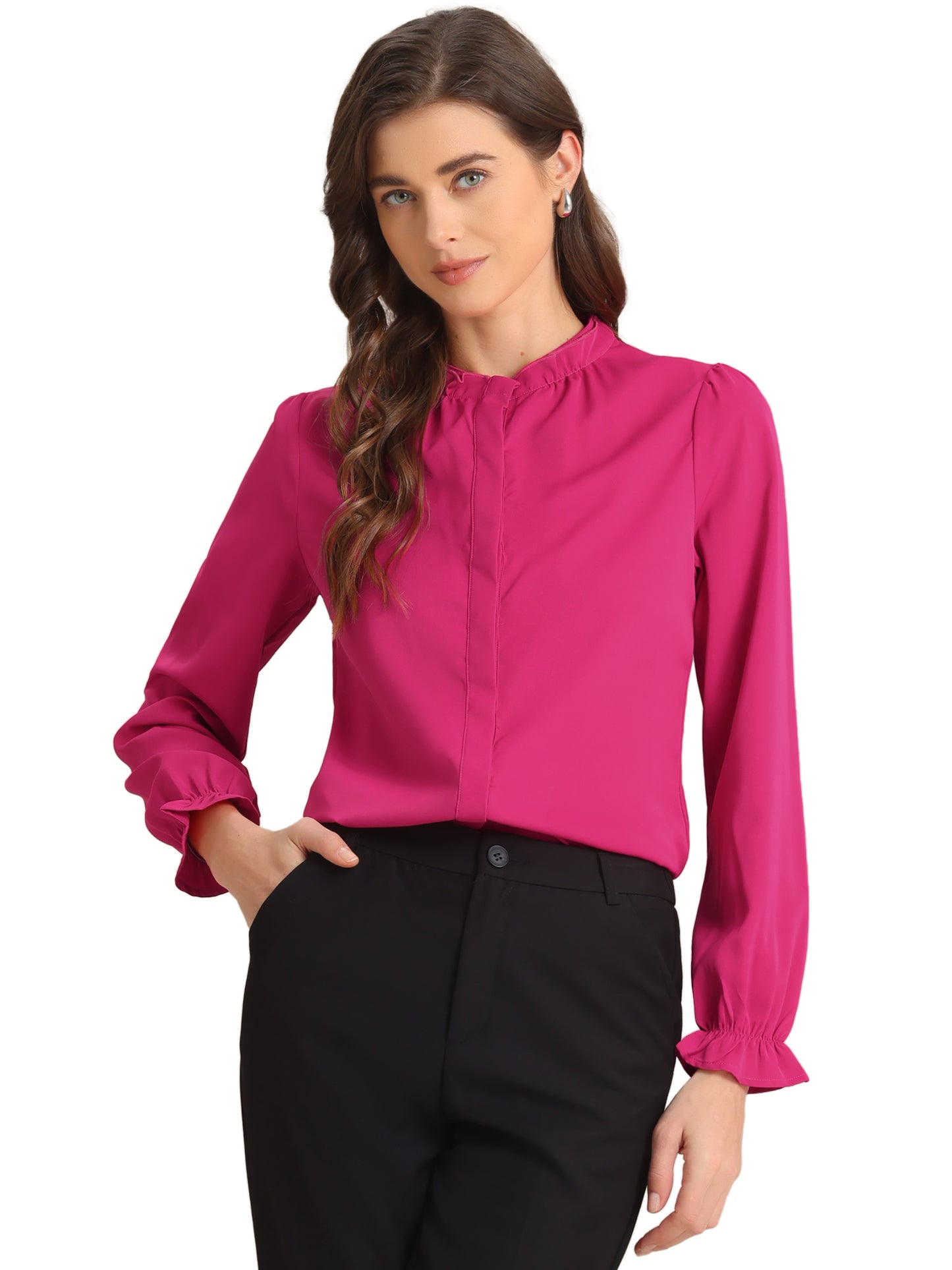 Blusa elegante de gasa con botones y manga larga con cuello con volantes para mujer