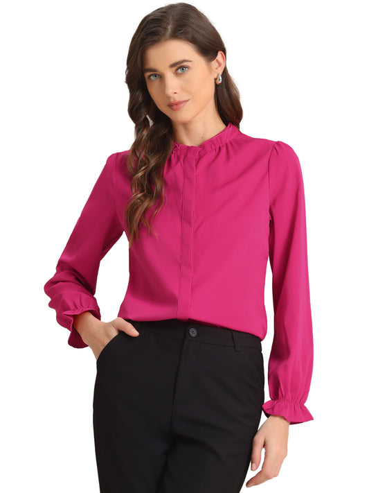 Blusa elegante de gasa con botones y manga larga con cuello con volantes para mujer