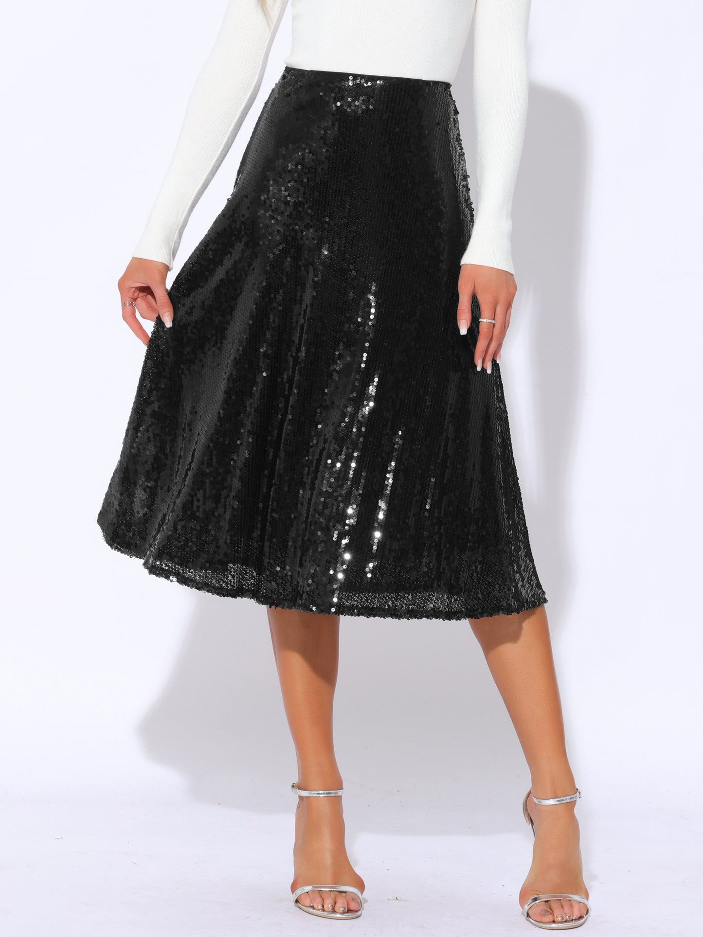 Falda midi de lentejuelas para mujer con brillo brillante y vuelo para cóctel