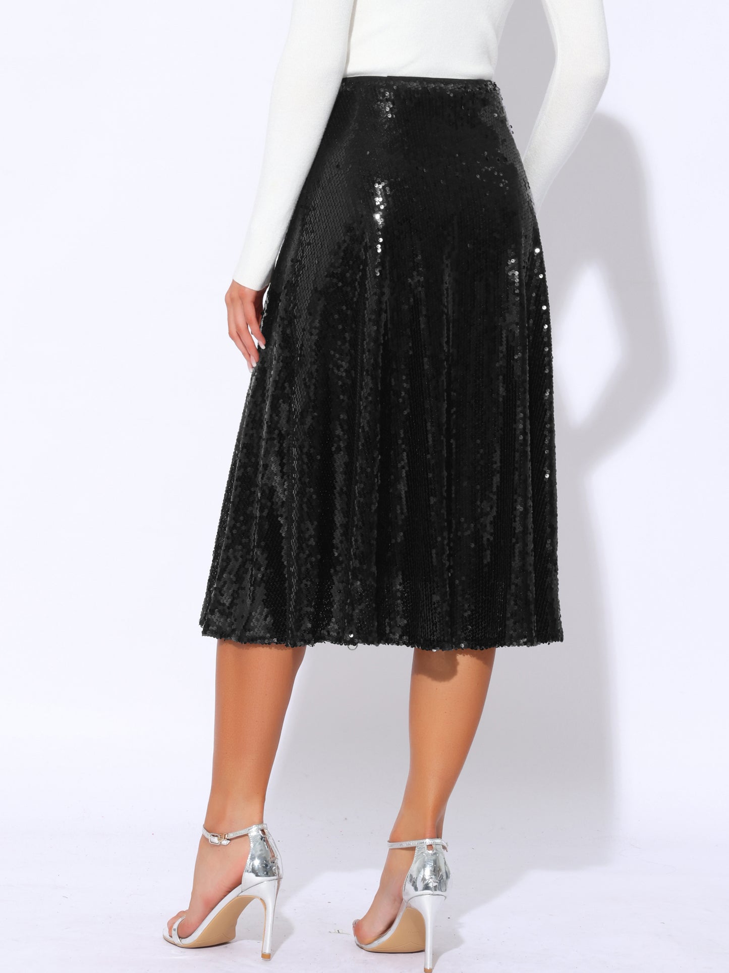 Falda midi de lentejuelas para mujer con brillo brillante y vuelo para cóctel