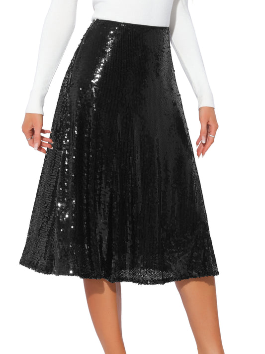 Falda midi de lentejuelas para mujer con brillo brillante y vuelo para cóctel