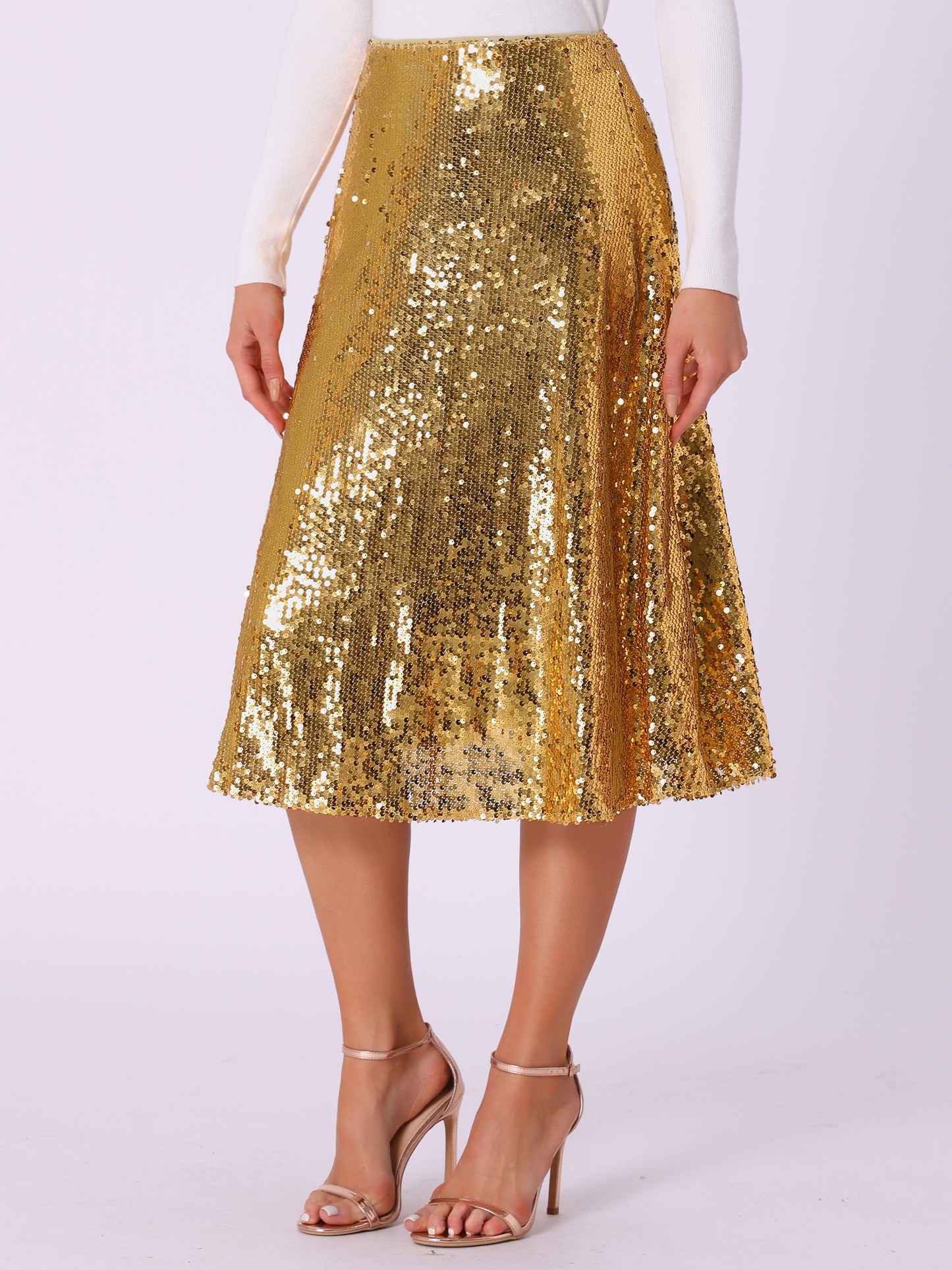 Women's Sequin Midi Skirt Sparkly Glitter Cocktail Party Flare Skirt