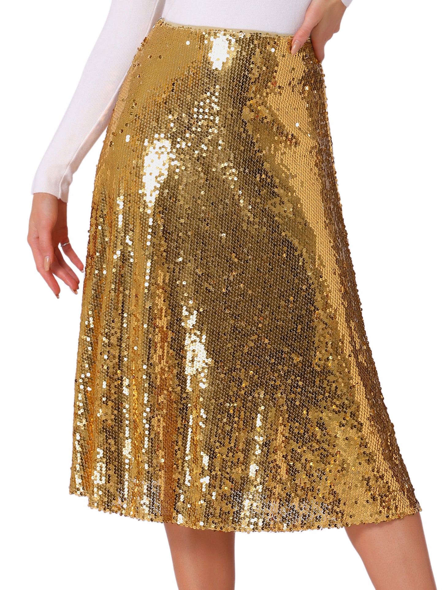 Women's Sequin Midi Skirt Sparkly Glitter Cocktail Party Flare Skirt