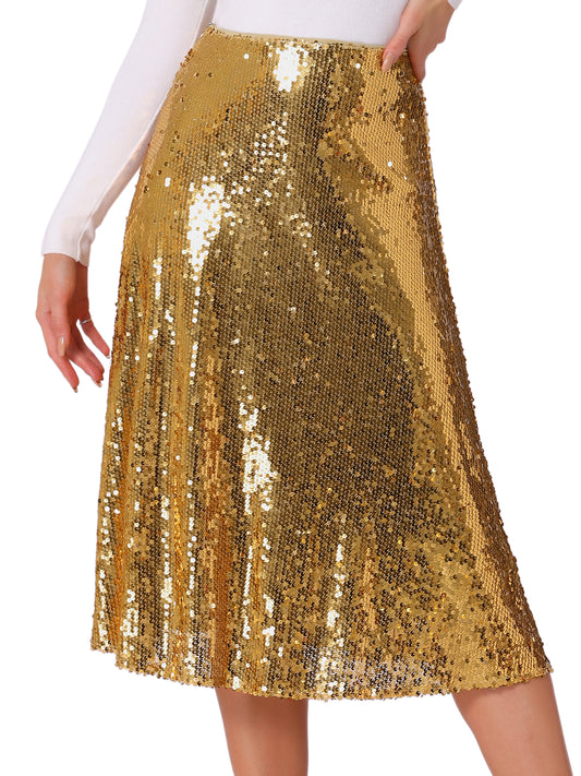 Women's Sequin Midi Skirt Sparkly Glitter Cocktail Party Flare Skirt