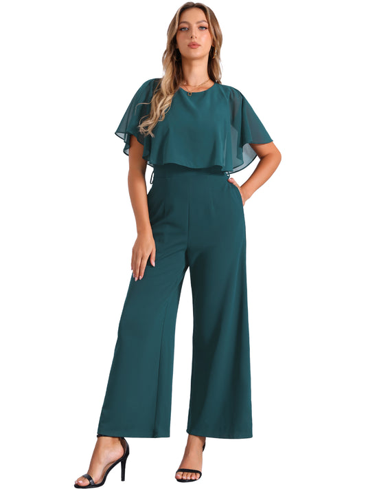 Women's Dressy Casual Tie Waist Wide Leg Pants Ruffle Sleeve Jumpsuit