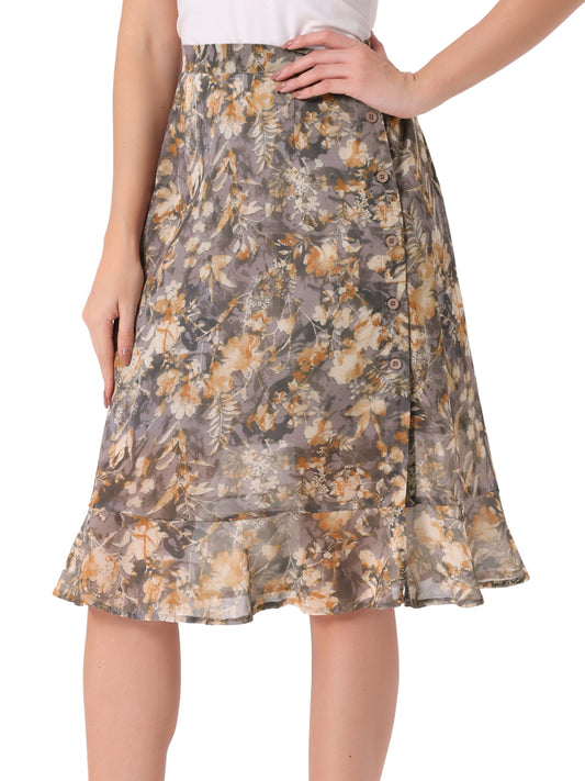 Faldas midi florales para mujer, de verano, con volantes, cintura alta, fluidas, corte A, con abertura hasta la rodilla