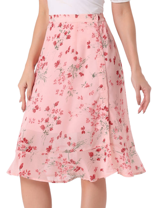 Faldas midi florales para mujer, de verano, con volantes, cintura alta, fluidas, corte A, con abertura hasta la rodilla