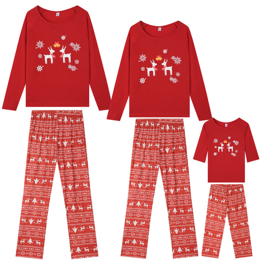 Kid's Christmas Matching Deer Print Long Sleeve Top Cute Print Pants Red Family Pajama Set