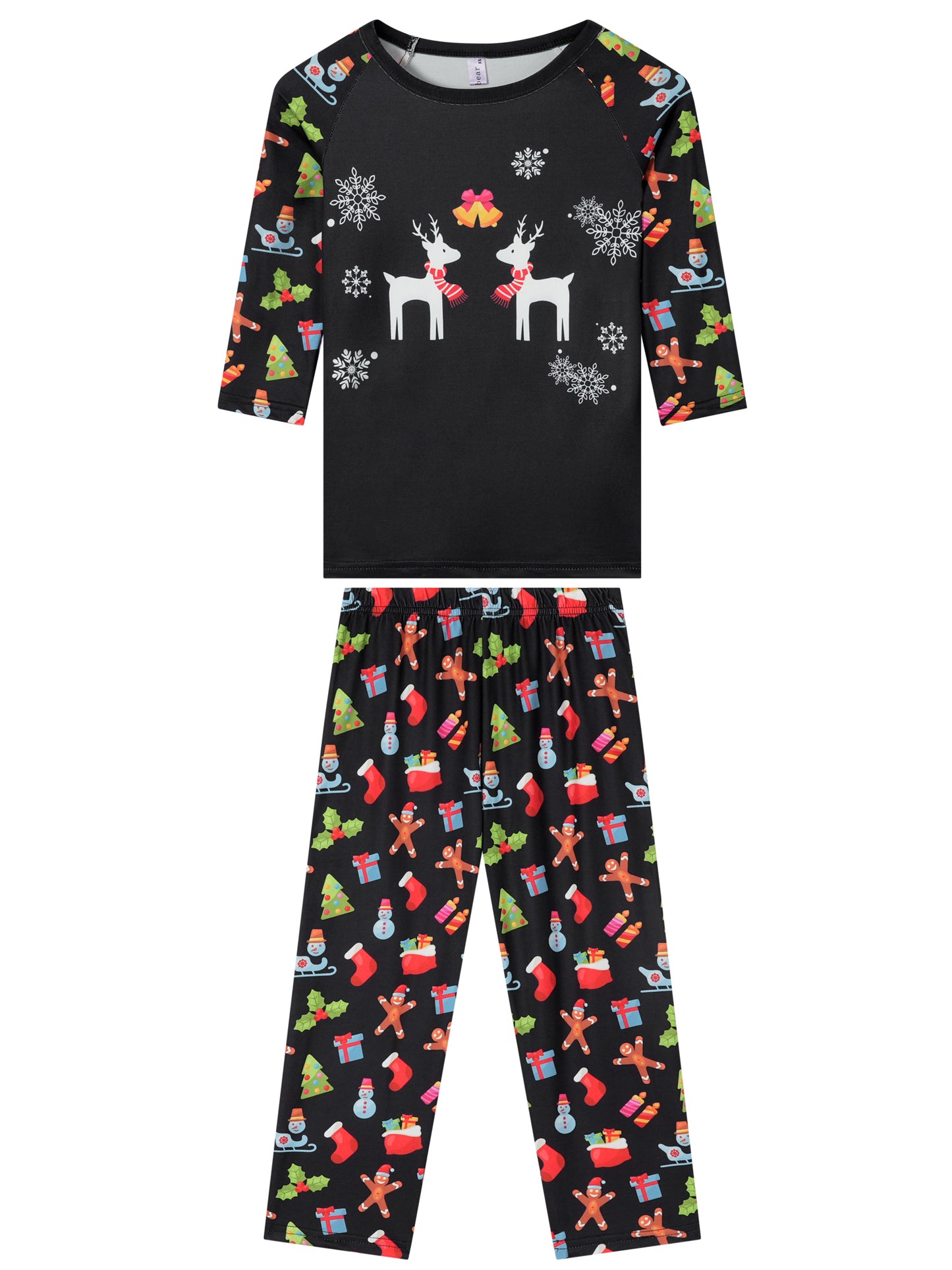 Conjunto de pijama familiar navideño para niño con estampado de ciervo, camiseta negra de manga larga y pantalones con estampado bonito a juego