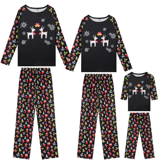 Child's Christmas Family Pajama Set Deer Print Long Sleeve Black Top Matching Cute Print Pants