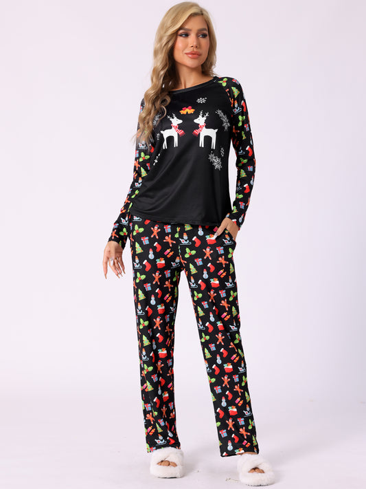 Conjunto de pijama familiar navideño para mujer, con estampado de ciervo, top negro de manga larga y pantalones con estampado bonito a juego