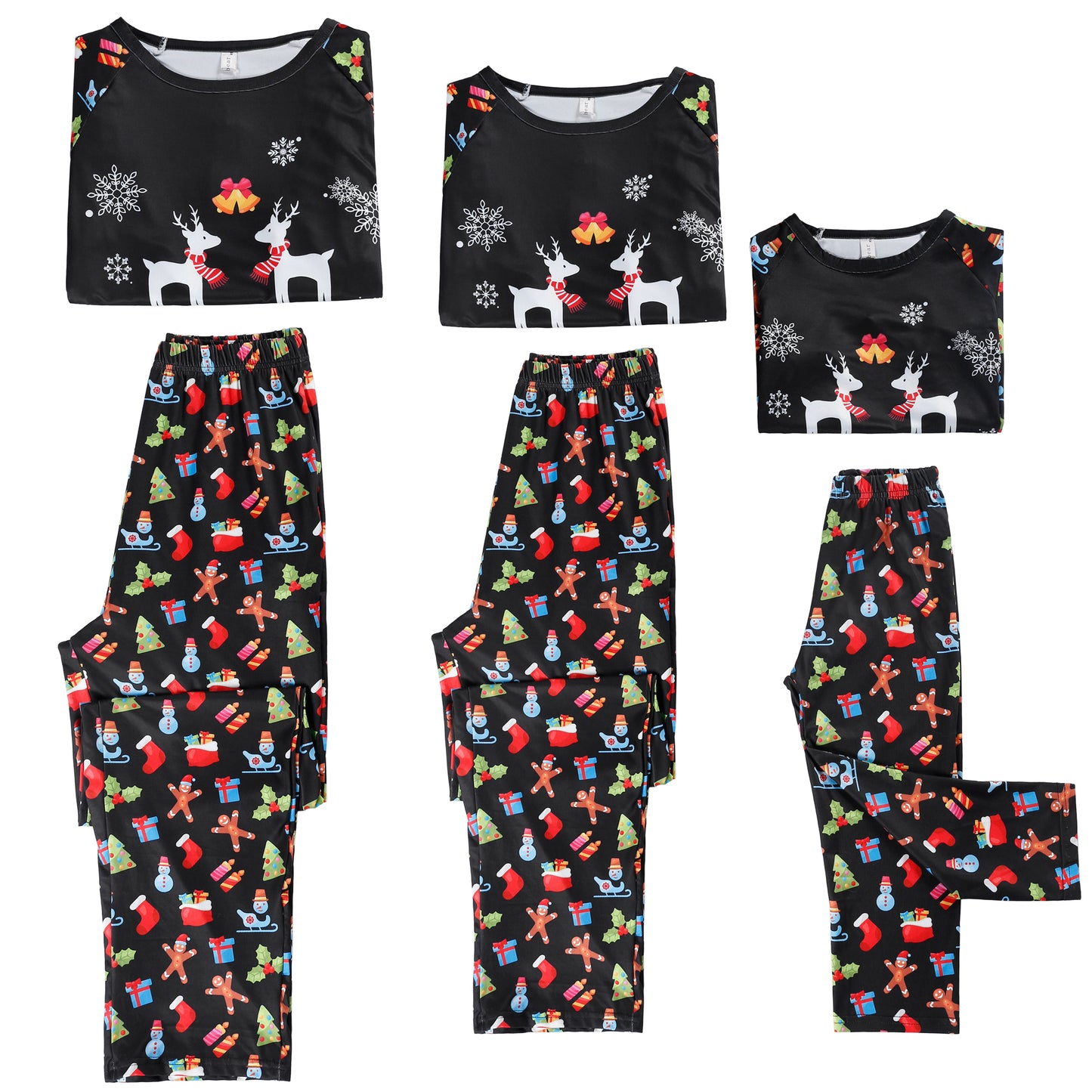 Conjunto de pijama familiar navideño para mujer, con estampado de ciervo, top negro de manga larga y pantalones con estampado bonito a juego
