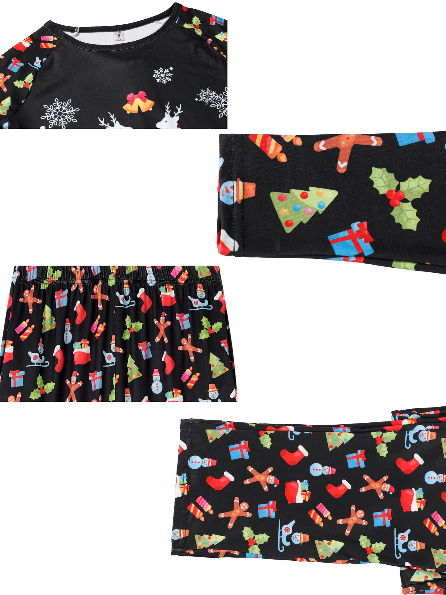 Conjunto de pijama familiar navideño para mujer, con estampado de ciervo, top negro de manga larga y pantalones con estampado bonito a juego