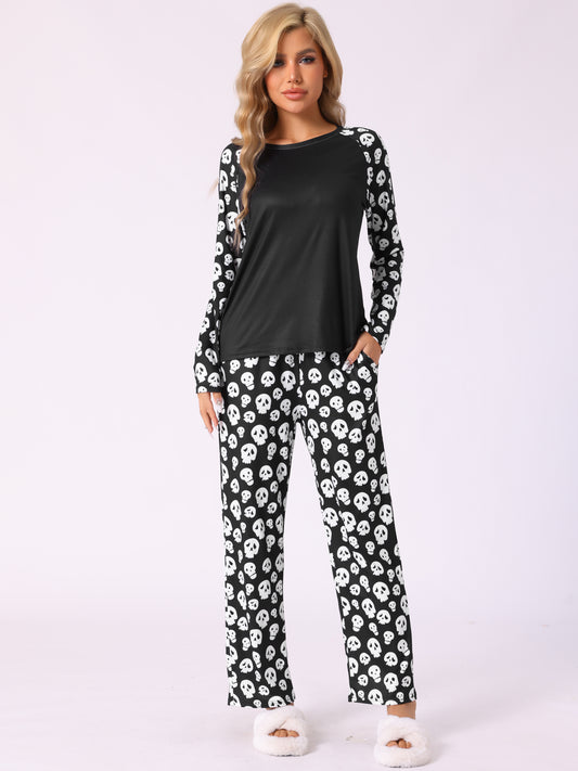 Conjunto de pijama familiar de Halloween para mujer con estampado de calavera, top largo y pantalones de dormir a juego