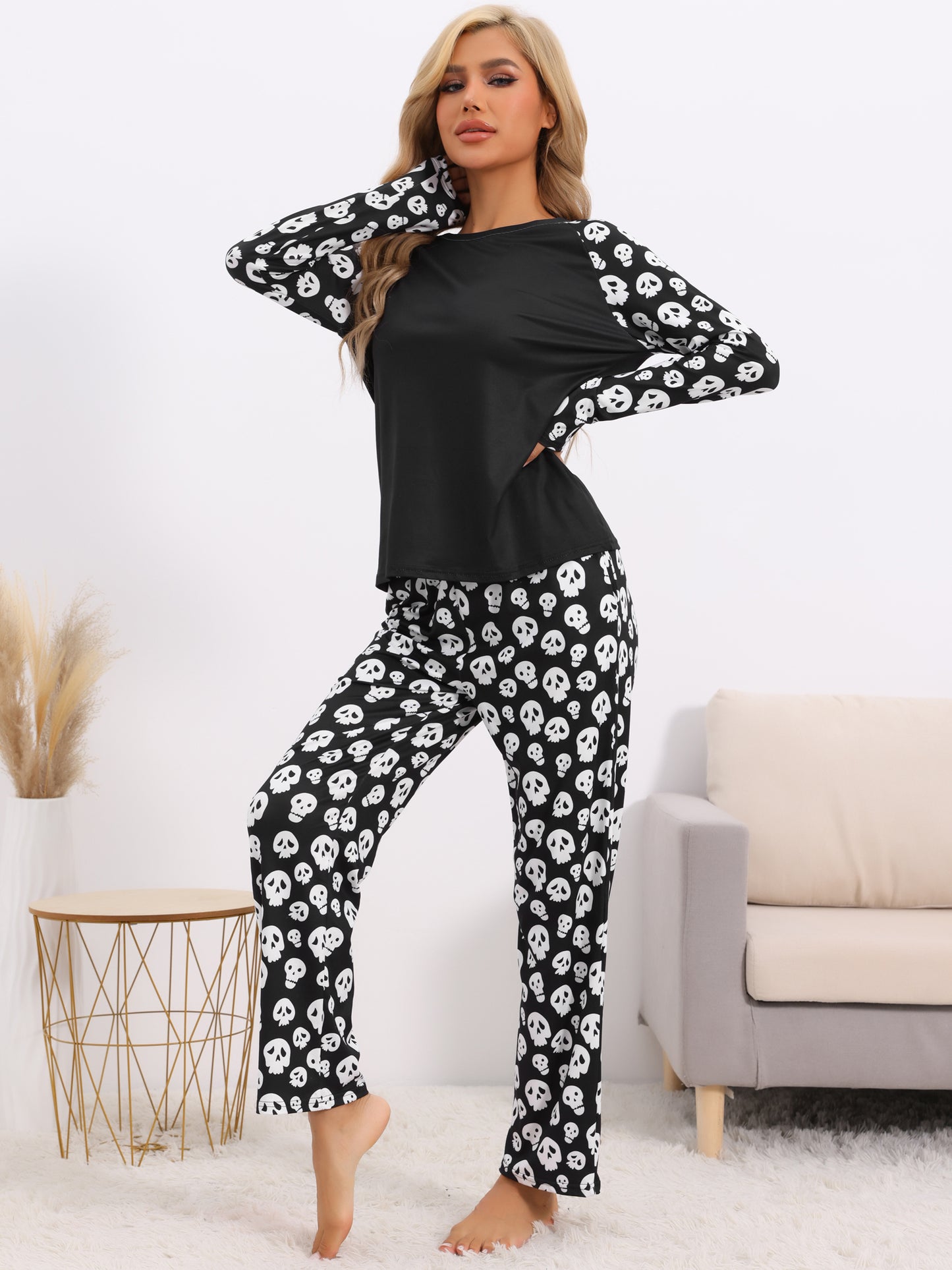 Conjunto de pijama familiar de Halloween para mujer con estampado de calavera, top largo y pantalones de dormir a juego