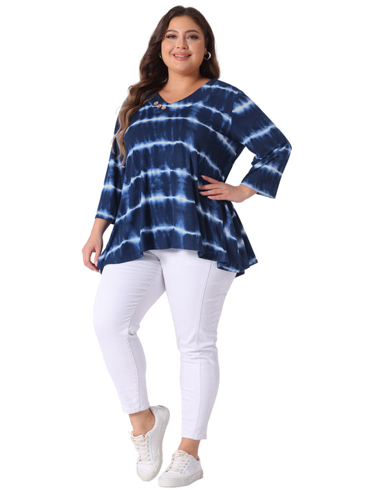 Women Plus Size Tops V Neck Elbow 3/4 Sleeve Loose Fit Casual Tee Tie Dye T-Shirts