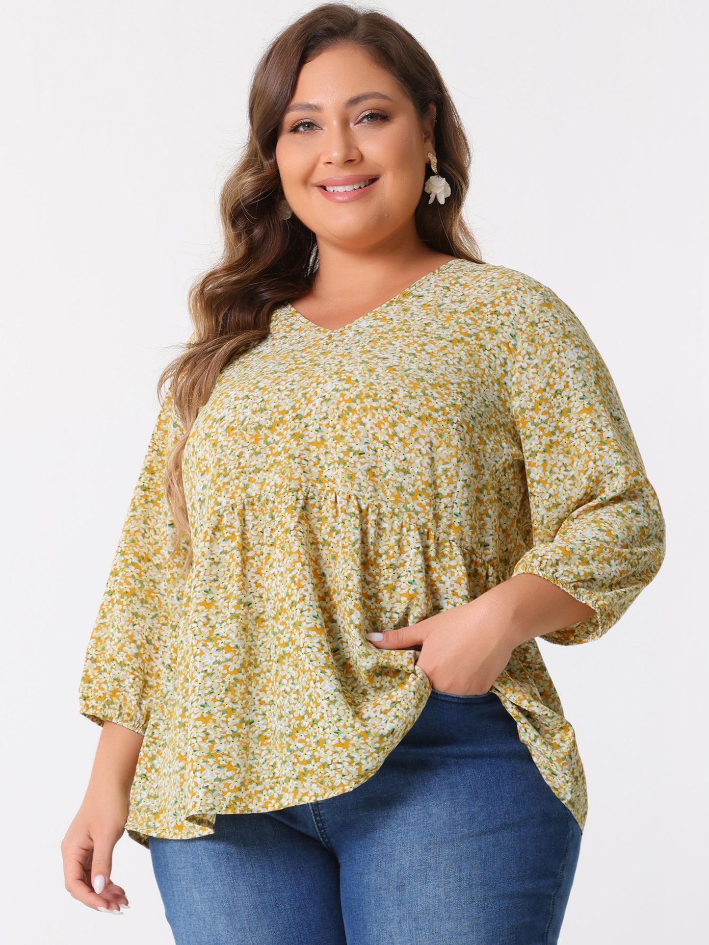 Women's Plus Size Top V Neck Babydoll Flowy 3/4 Lantern Sleeve Floral Blouse