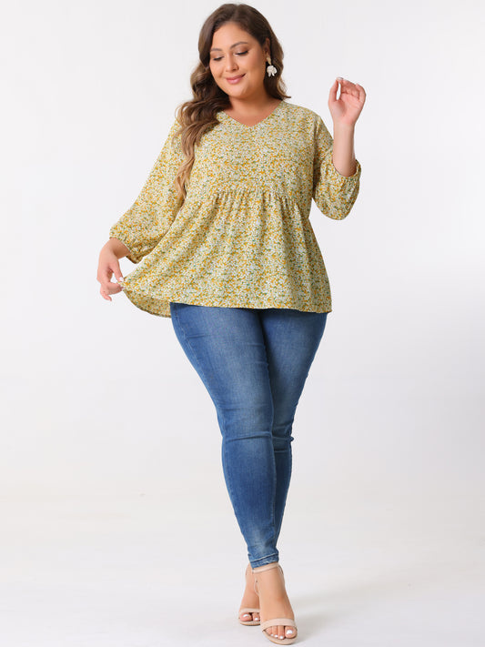 Women's Plus Size Top V Neck Babydoll Flowy 3/4 Lantern Sleeve Floral Blouse
