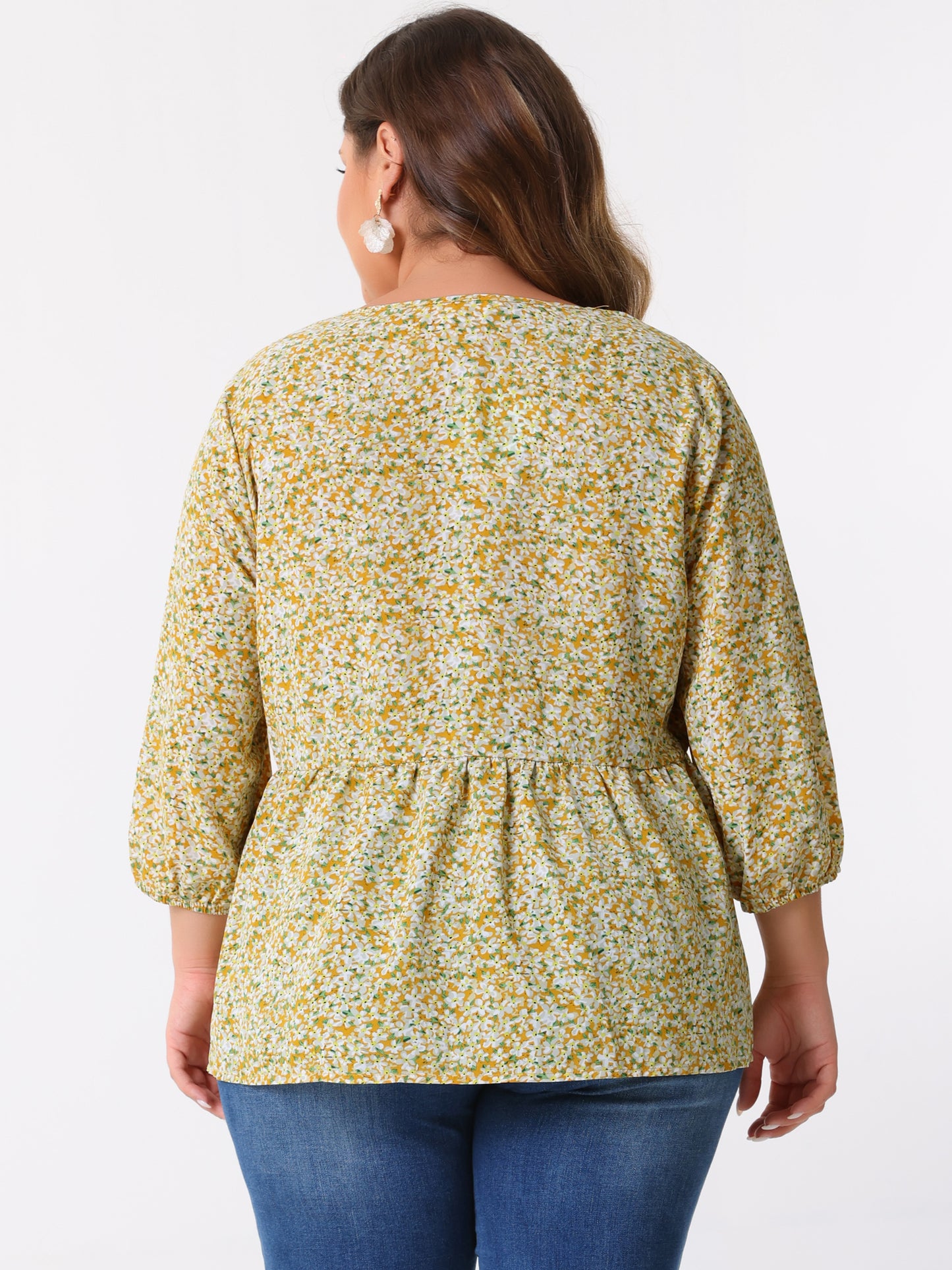 Women's Plus Size Top V Neck Babydoll Flowy 3/4 Lantern Sleeve Floral Blouse