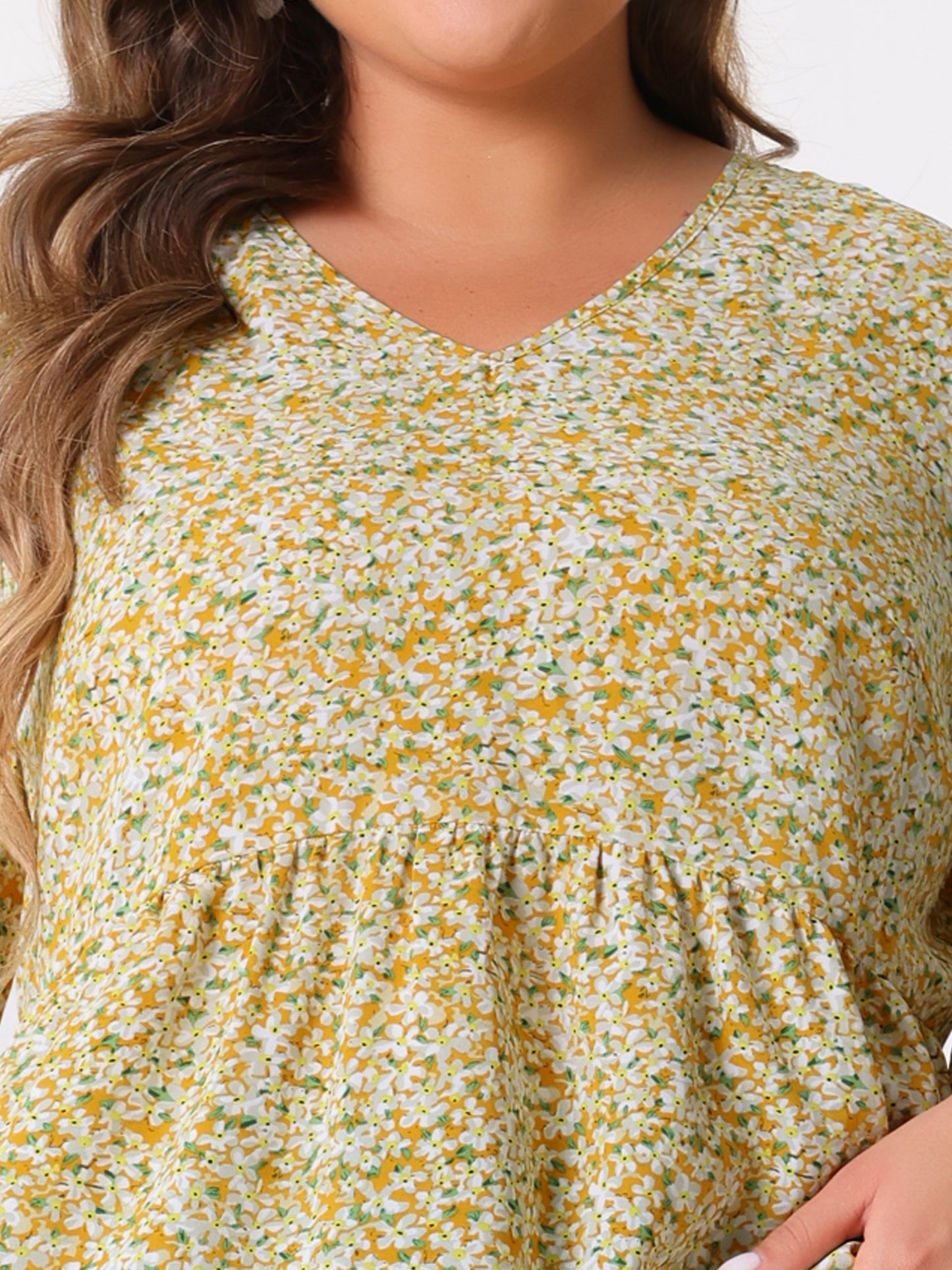 Women's Plus Size Top V Neck Babydoll Flowy 3/4 Lantern Sleeve Floral Blouse