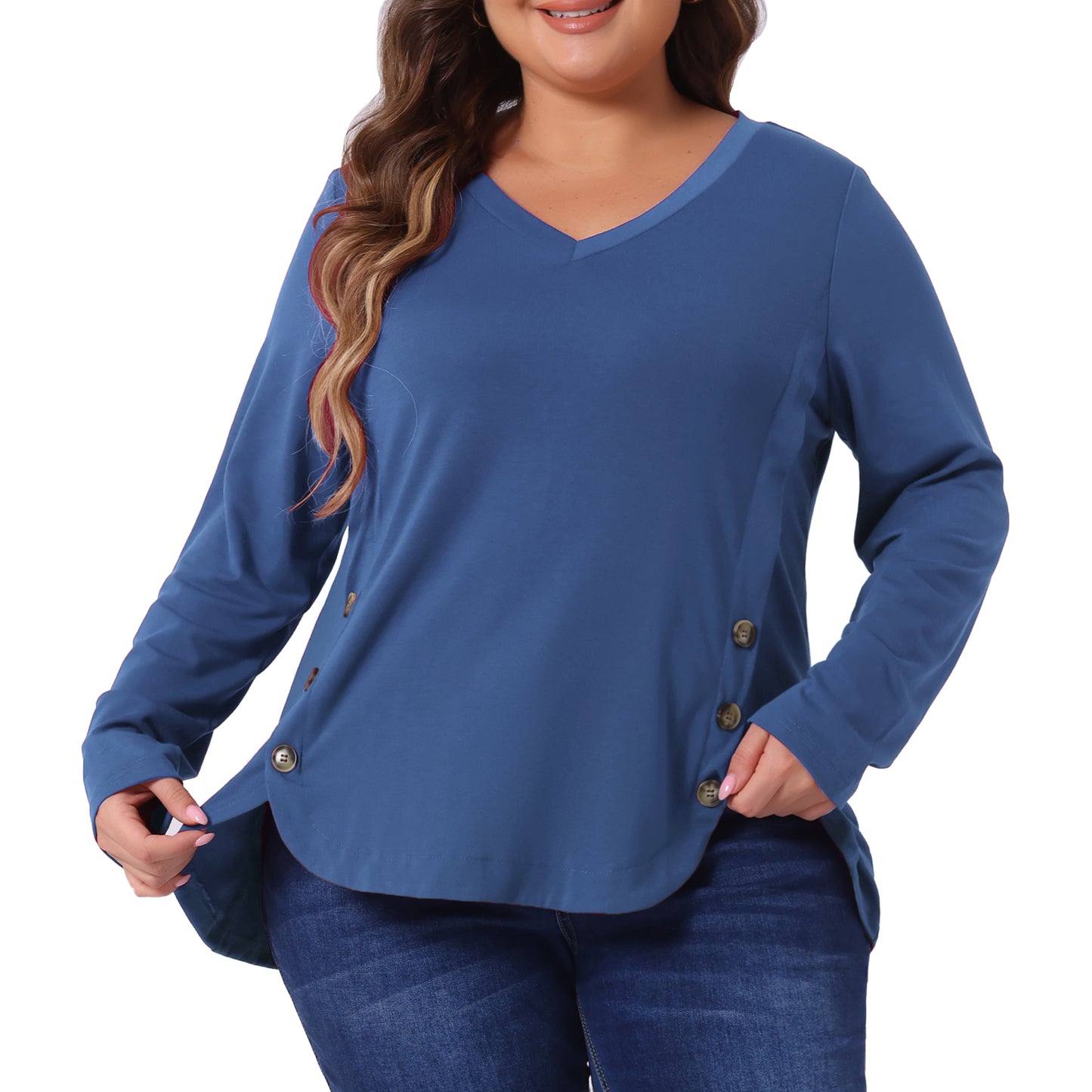 Women Plus Size Tops Casual V Neck Loose Button Side Long Sleeve Basic Swing Tunic
